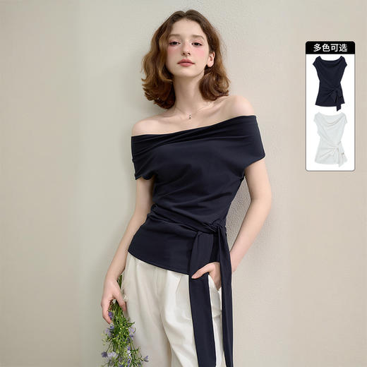 西遇一字肩上衣女夏季新款法式设计感系带收腰荡领短袖t恤Y0051062 商品图0