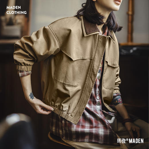 马登复古巴恩风灯芯绒撞色翻领短款收腰工装狩猎茄夹克外套女士秋 商品图0