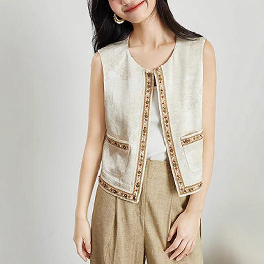 雀说新品复古波西米亚风织花边马夹外套叠穿提花无袖背心马甲AL 商品图2
