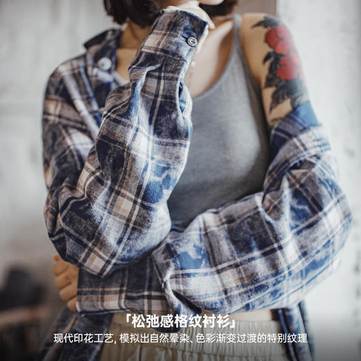 马登美式复古藏青色格子纹翻领宽松磨毛长袖休闲衬衫上衣外套女秋 商品图1