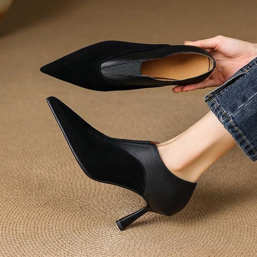 【预售5天】秋季欧美风时尚新款尖头细跟高跟拼接深口真皮单鞋子SLLK&sl-8130 商品图1