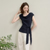 西遇一字肩上衣女夏季新款法式设计感系带收腰荡领短袖t恤Y0051062 商品缩略图2