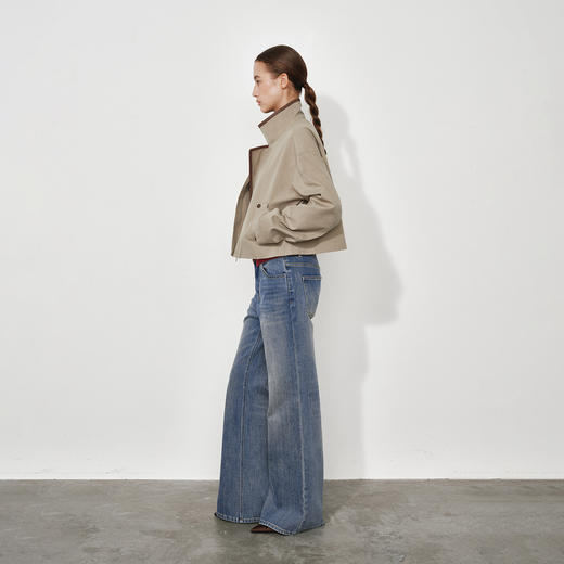 NUTH复古宽松立领拼皮长袖短款夹克外套女 卡其色 商品图1