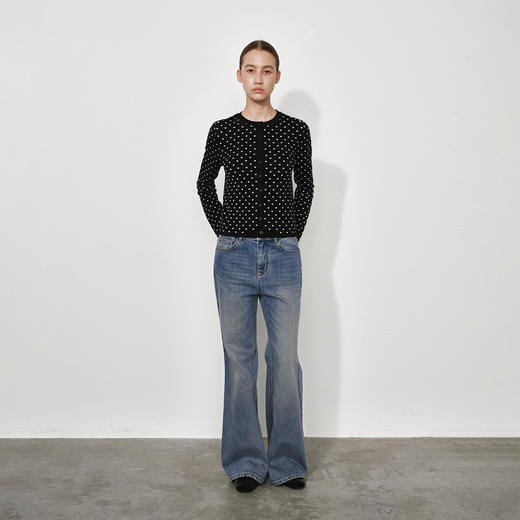 NUTH美利奴羊毛黑白波点修身短款长袖针织开衫女 商品图2