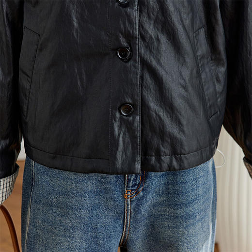 馥迦摩登通勤格子袖休闲翻领皮衣外套 商品图9