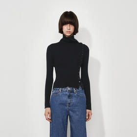 NUTH美利奴羊毛黑色高领修身薄款斜门襟长袖针织打底衫女