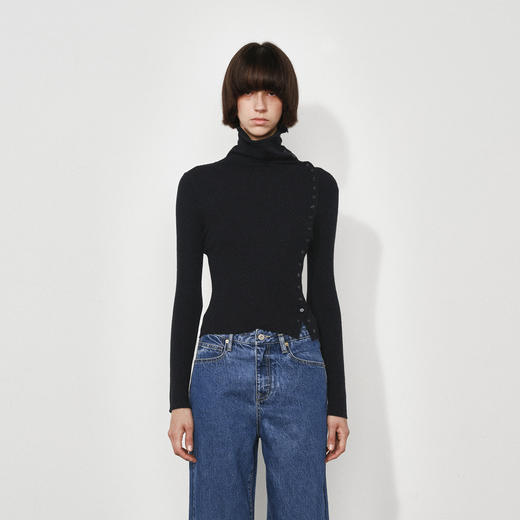 NUTH美利奴羊毛黑色高领修身薄款斜门襟长袖针织打底衫女 商品图0