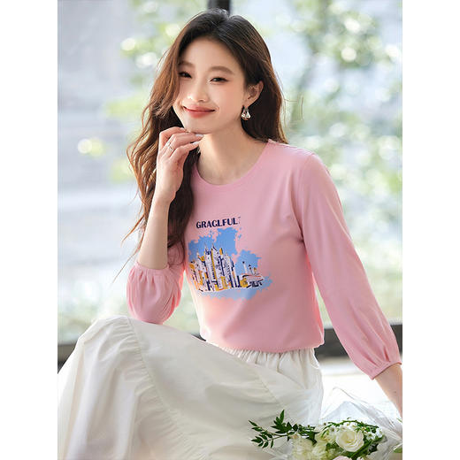 【年终特卖】熙世界灯笼七分袖印花T恤女春2025新款时尚减龄中袖天丝体恤上衣 商品图3