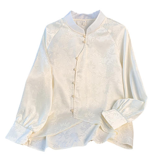 A2628杏色 2025秋季新中式古典雅韵提花立领盘扣改良长袖衬衫女国风复古上衣 商品图4