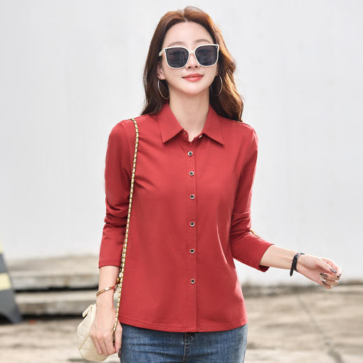 雀说新款纯色翻领长袖t恤女韩版纽扣纯棉Polo衫上衣AL9888 商品图0