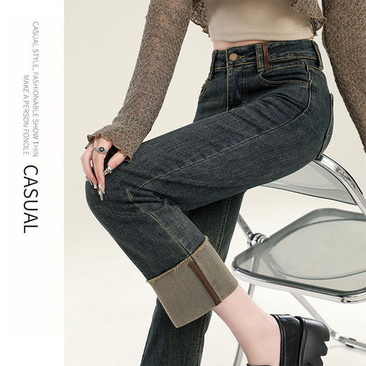 百媚生 直筒牛仔裤女高腰显瘦卷边九分小个子烟管裤子QYL-3733 商品图3