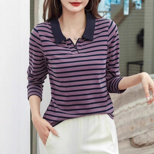 百媚生 棉质条纹翻领长袖T恤打底衫537 商品图3