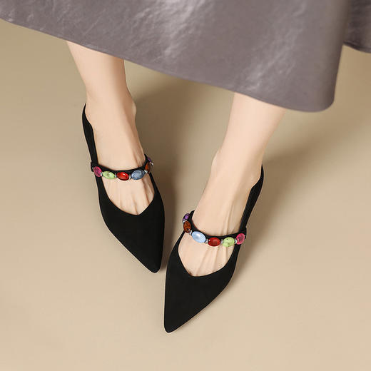 【预售5天】羊反皮法式晚风尖头浅口低跟玛丽珍单鞋v口女秋季新款真皮瓢鞋YS&0358 商品图4