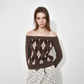 1.15上午10点8.8折！NUTH美利奴羊毛格纹撞色长袖一字领露肩短款针织毛衣女