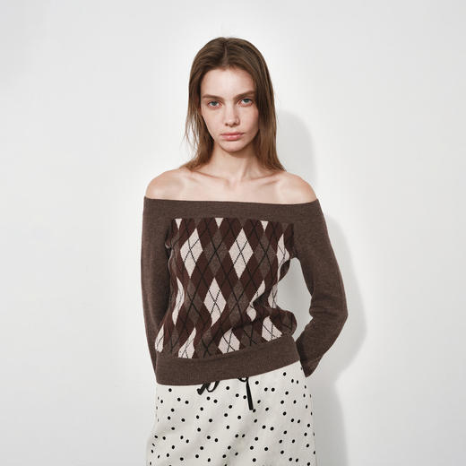 1.15上午10点8.8折！NUTH美利奴羊毛格纹撞色长袖一字领露肩短款针织毛衣女 商品图0