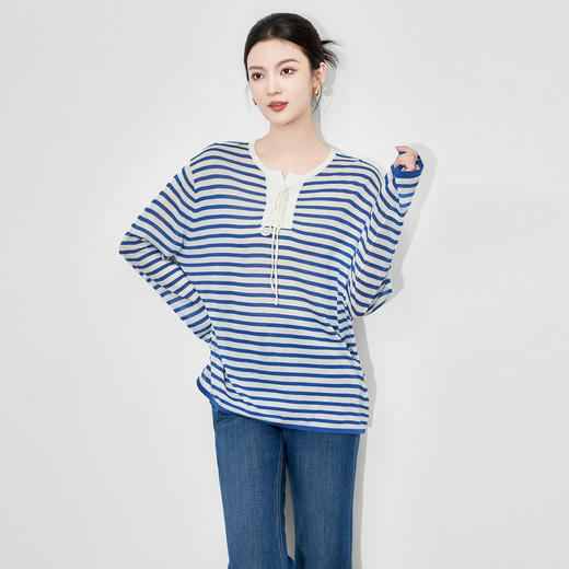 「高货wl」全新升级【铂金会员211/天猫279/差价68】(43036)洛诗琳气质海军风条纹针织衫2025秋季法式慵懒长袖T恤上衣 商品图1