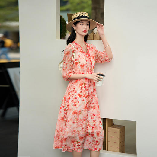 丁摩 花边V领法式抽绳收腰印花仙气真丝连衣裙90470 商品图0