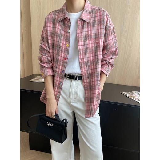 雀说早秋新款 美式彩色纽扣设计感宽松全棉格纹长袖衬衫ALSN7708 商品图0