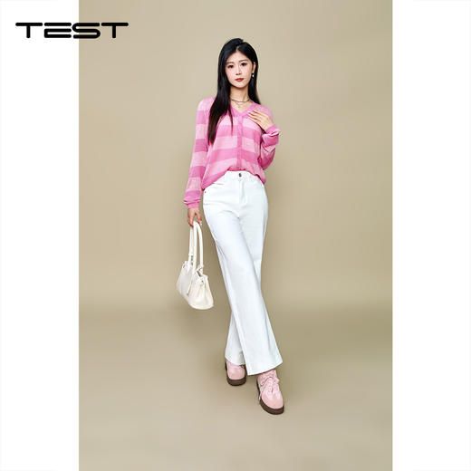 秋上新粉白条纹长袖V领单排扣针织开衫253097 商品图0