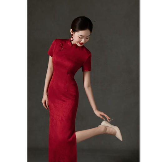 红色提花缎长款，复古国风喜妈妈旗袍裙GX-209613 商品图3