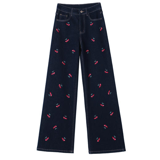 百媚生 刺绣阔腿牛仔裤女秋季高腰设计感樱桃绣花直筒裤子QYL-2237 商品图4