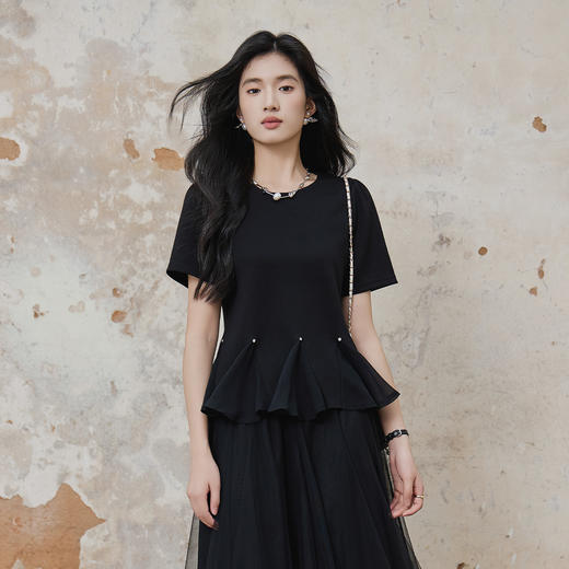 奢姿大码女装2026夏季减龄钻饰荷叶边拼接T恤胖妹妹时尚百搭上衣 商品图0