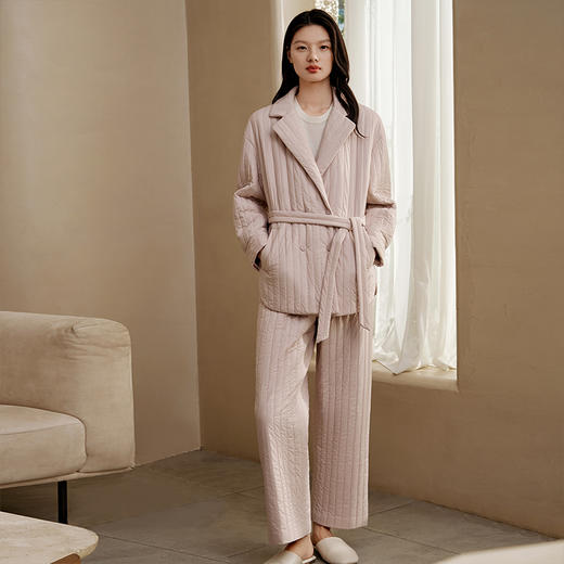金三塔桑蚕丝简约条纹丝绵衣裤套女宽松舒适秋冬保暖家居服套装  YSFFD202 商品图2