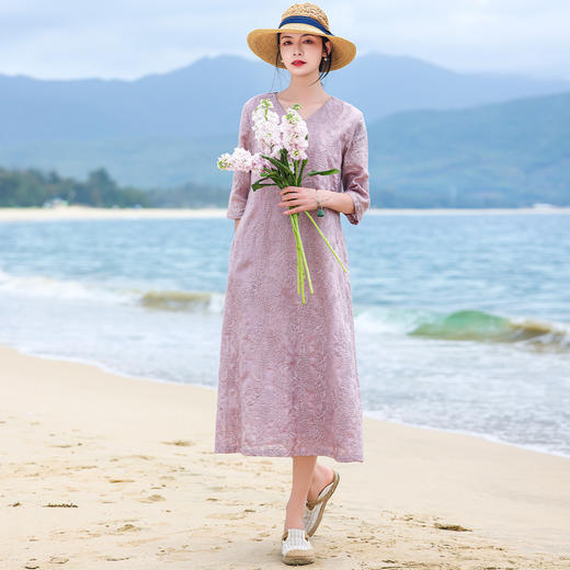 丁摩 纯棉原创重工刺绣V领连衣裙七分袖文艺复古宽松中长A字裙S505 商品图3