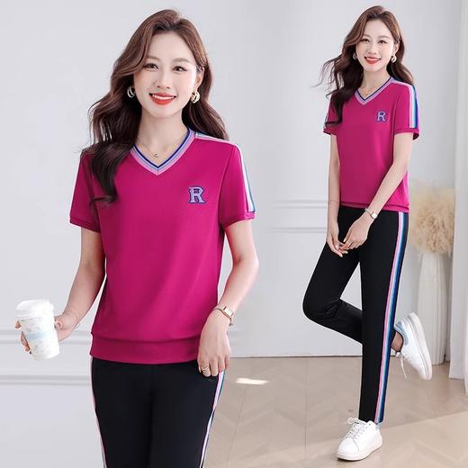 百媚生 纯棉短袖运动服套装女士v领两件套2525 商品图1
