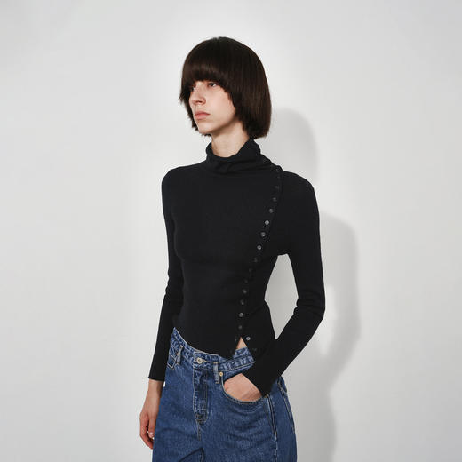 NUTH美利奴羊毛黑色高领修身薄款斜门襟长袖针织打底衫女 商品图6