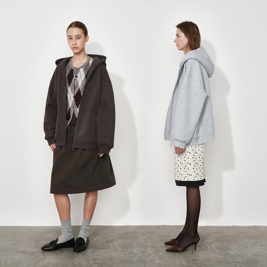 NUTH宽松廓形中长款连帽拉链卫衣外套女 藏蓝色/花灰色/深棕色 商品图1