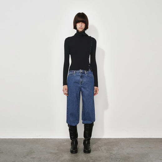 NUTH美利奴羊毛黑色高领修身薄款斜门襟长袖针织打底衫女 商品图3