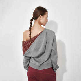 NUTH灰色斜领露肩修身短款长袖连帽卫衣女