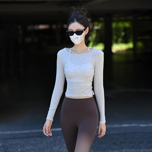 Beemen秋季新款莫代尔罗纹瑜伽长袖上衣女 腰部褶皱设计收腰修身显曲线 外穿运动瑜伽普拉提 商品图0