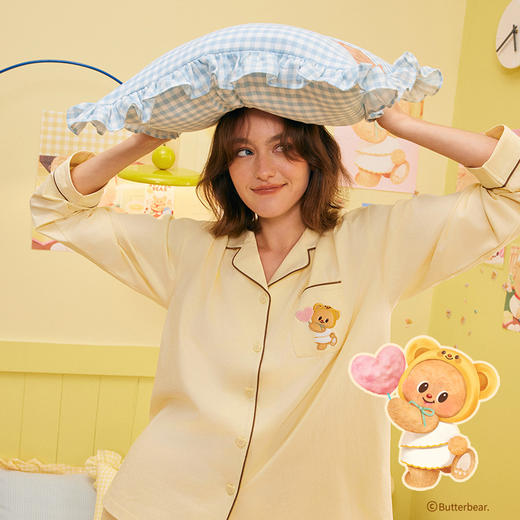 黄油小熊联名[宅家熊翻领睡衣]套装简约显瘦松弛感亲肤家居服 商品图1