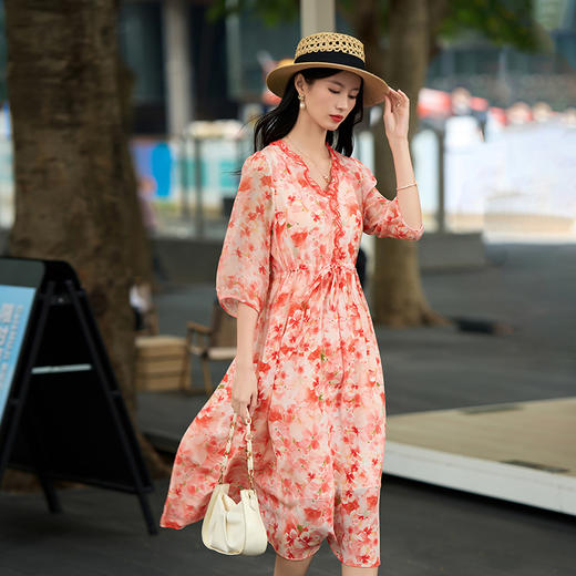 丁摩 花边V领法式抽绳收腰印花仙气真丝连衣裙90470 商品图2