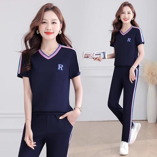 百媚生 纯棉短袖运动服套装女士v领两件套2525 商品图2