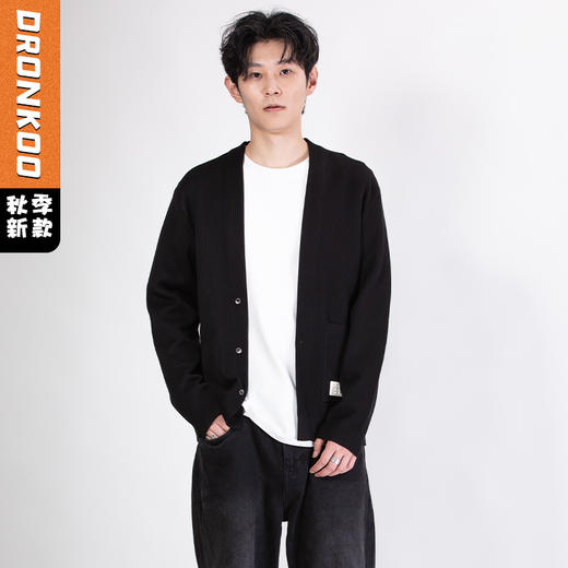 DRONKOO 2025 V领三粒小扣右下摆贴皮标毛织中厚开衫 商品图0
