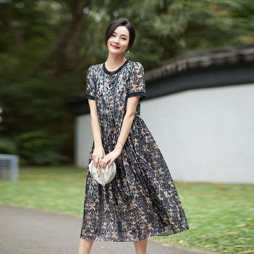 丁摩 立体印花真丝连衣裙中长款90369 商品图1