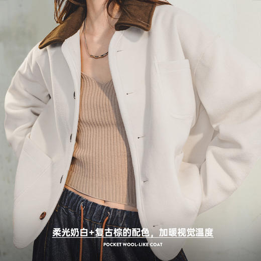 马登复古奶白毛呢外套法式气质翻领大衣休闲夹克短上衣秋冬季女 商品图3