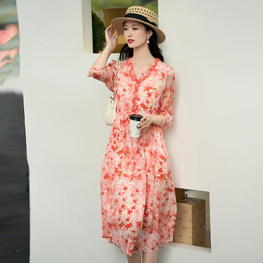 丁摩 花边V领法式抽绳收腰印花仙气真丝连衣裙90470 商品图1