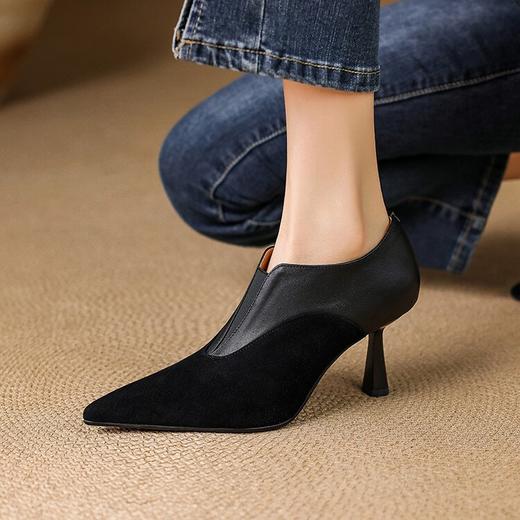 【预售5天】秋季欧美风时尚新款尖头细跟高跟拼接深口真皮单鞋子SLLK&sl-8130 商品图3