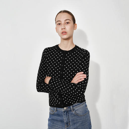 NUTH美利奴羊毛黑白波点修身短款长袖针织开衫女 商品图3