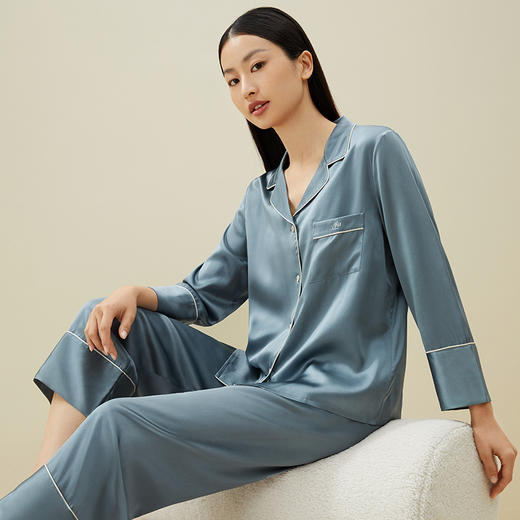 金三塔重磅真丝睡衣女春夏100%桑蚕丝简约丝绸家居服宽松薄款素色长袖衣裤套装（限价款）   9YSF8C209/YSM9A203 商品图1