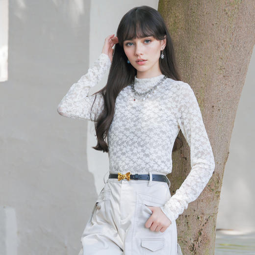 谜底蕾丝T恤长袖女2025秋新款复古文艺提花薄款内搭上衣257MT7858 商品图3