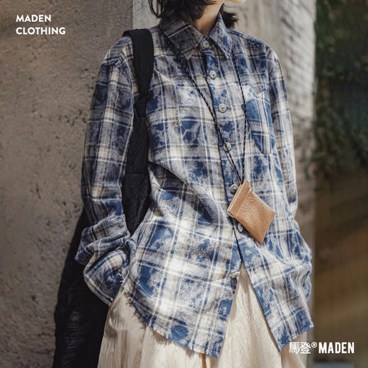 马登美式复古藏青色格子纹翻领宽松磨毛长袖休闲衬衫上衣外套女秋 商品图0