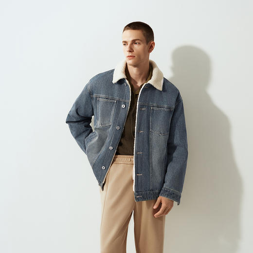 森马牛仔外套男冬季棉服2025新款街头复古做旧仿羊羔毛翻领夹克潮 商品图2