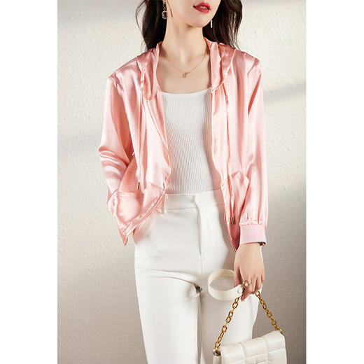 丁摩 高端真丝短外套女连帽棒球服薄款桑蚕丝上衣开衫CZ4254 商品图1