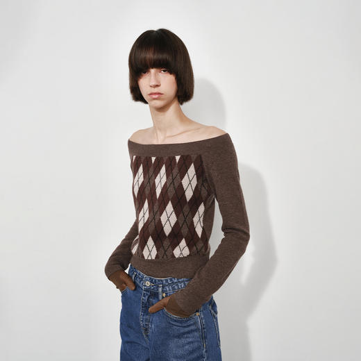 1.15上午10点8.8折！NUTH美利奴羊毛格纹撞色长袖一字领露肩短款针织毛衣女 商品图6