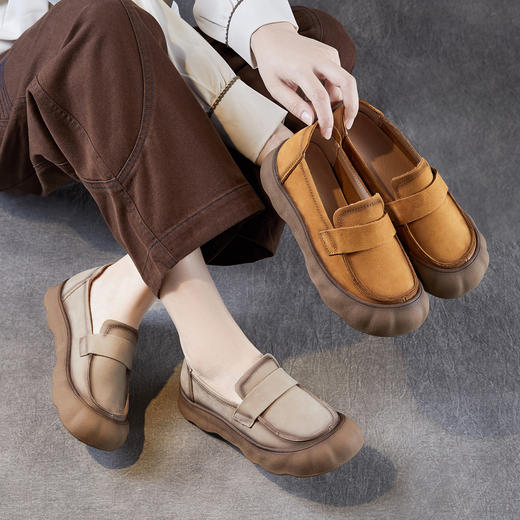复古休闲百搭头层牛皮，真皮软底手工单鞋一脚蹬乐福鞋ZM258566 商品图0